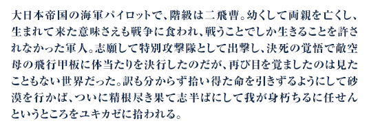 大日本帝国の海軍パイロットで、階級は二飛曹。幼くして両親を亡くし、生まれて来た意味さえも戦争に食われ、戦うことでしか生きることを許されなかった軍人。志願して特別攻撃隊として出撃し、決死の覚悟で敵空母の飛行甲板に体当たりを決行したのだが、再び目を覚ましたのは見たこともない世界だった。訳も分からず拾い得た命を引きずるようにして砂漠を行かば、ついに精根尽き果て志半ばにして我が身朽ちるに任せんというところをユキカゼに拾われる。