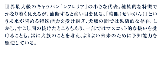 世界最大級のキャラバン『レフレリア』の小さな代表。種族的な特徴でかなり若く見えるが、油断すると痛い目を見る。『晴眼（せいがん）』という未来が読める特殊能力を受け継ぎ、犬族の間では象徴的な存在。しかし、すこし間の抜けたところもあり、一部ではマスコット的な扱いを受けることも。常に犬族のことを考え、よりよい未来のために予知能力を駆使している。