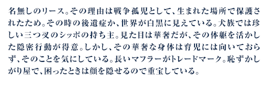 名無しのリース。その理由は戦争孤児として、生まれた場所で保護されたため。その時の後遺症か、世界が白黒に見えている。犬族では珍しい三つ叉のシッポの持ち主。見た目は華奢だが、その体躯を活かした隠密行動が得意。しかし、その華奢な身体は育児には向いておらず、そのことを気にしている。長いマフラーがトレードマーク。恥ずかしがり屋で、困ったときは顔を隠せるので重宝している。