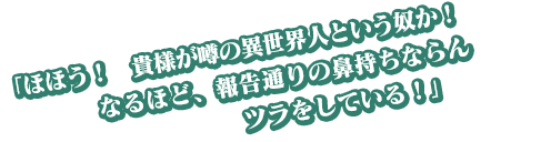 「ほほう！　貴様が噂の異世界人という奴か！　なるほど、報告通りの鼻持ちならんツラをしている！」